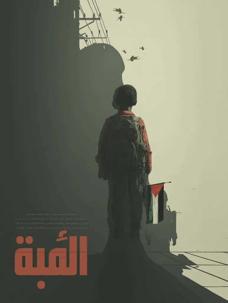 The image depicts a young child, seen from behind, carrying a small Palestinian flag and a backpack. They stand against a muted, urban backdrop, possibly suggesting a war-torn or impoverished environment.  Birds fly overhead, adding to the somber atmosphere. The child's posture conveys a sense of loneliness and resilience. The Arabic word "الغربة" (al-ghurba), meaning "strangeness" or "alienation," is prominently displayed at the bottom.  The overall tone is melancholic, highlighting themes of displacement and hardship.
