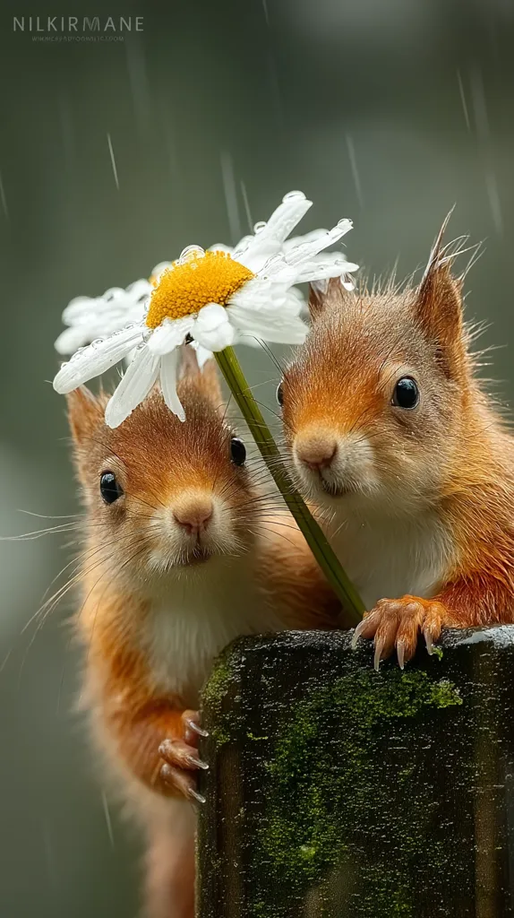 Two adorable red squirrels huddle together for shelter under a rain-soaked daisy in the pouring rain.  Their tiny faces peek out from behind the flower, creating a heartwarming and charming scene.  The dampness is evident on the flower and the dark mossy post they cling to. The overall image evokes a sense of cuteness and resilience in the face of a downpour.