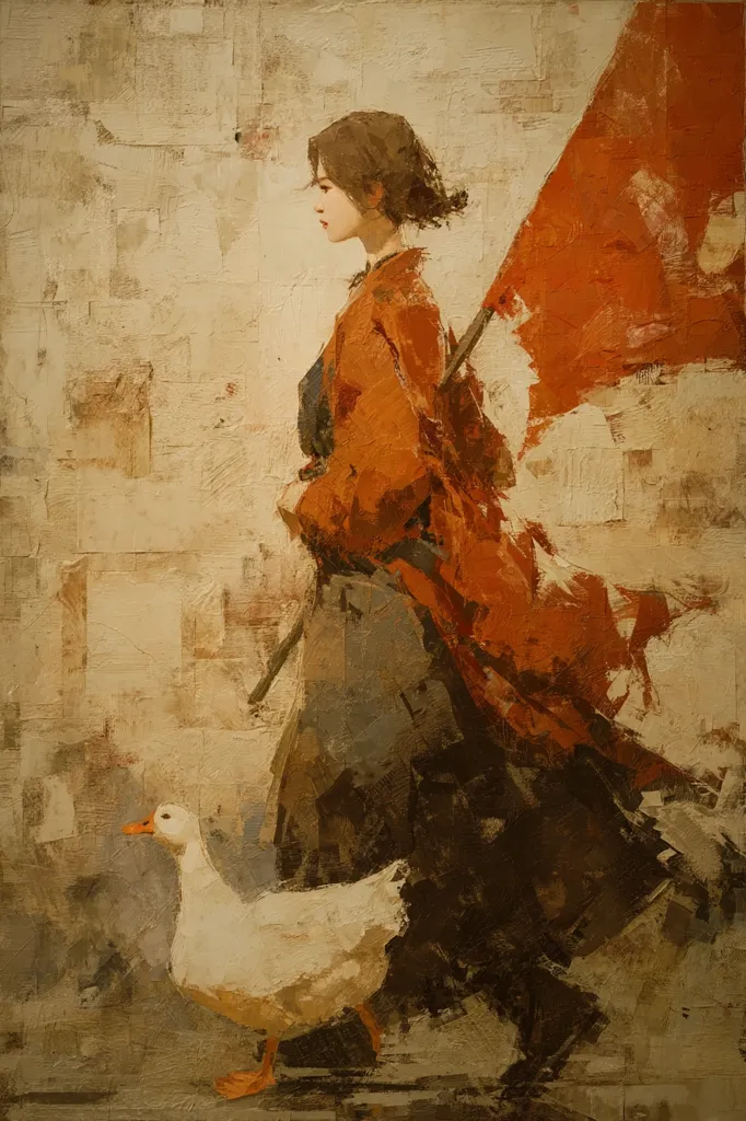 A painting depicts a woman in an orange robe walking with a large white goose. She carries a red flag over her shoulder. The style is impressionistic with visible brushstrokes and a muted color palette. The background is a textured, neutral tone reminiscent of a weathered wall. The overall mood is somber yet hopeful, suggesting a journey or a symbolic narrative.