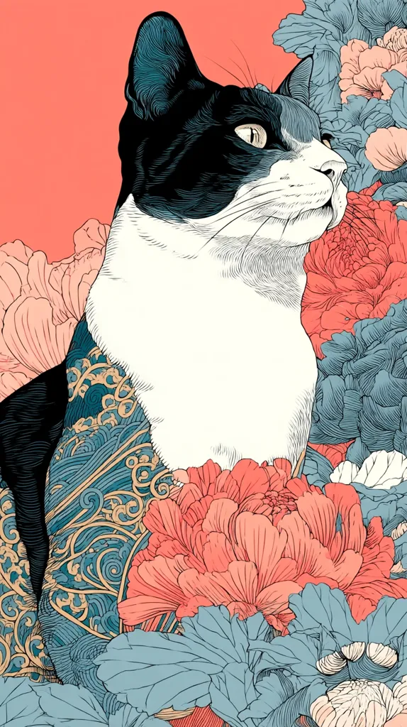 A stylized illustration of a tuxedo cat, its side profile displayed amidst a vibrant array of peonies.  The cat's fur is meticulously detailed, with its black and white markings sharply defined.  Intricate, Japanese-inspired tattoo-like designs adorn its flank, adding to the artwork's artistic flair. The peonies are rendered in shades of coral and teal, creating a striking contrast against the cat's fur.  The overall aesthetic is a blend of realism and graphic design, with a focus on fine linework and bold color choices.