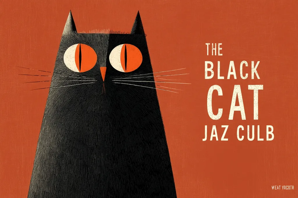 A stylized illustration showcases a large black cat with bright orange eyes, its fur depicted with textured lines.  The cat's head and shoulders dominate the left side of the image, set against a burnt orange background.  On the right, the title "THE BLACK CAT" is prominently displayed, followed by the author's name, "JAZ CULB," in a vintage-inspired typeface.  The overall aesthetic is mid-century modern.