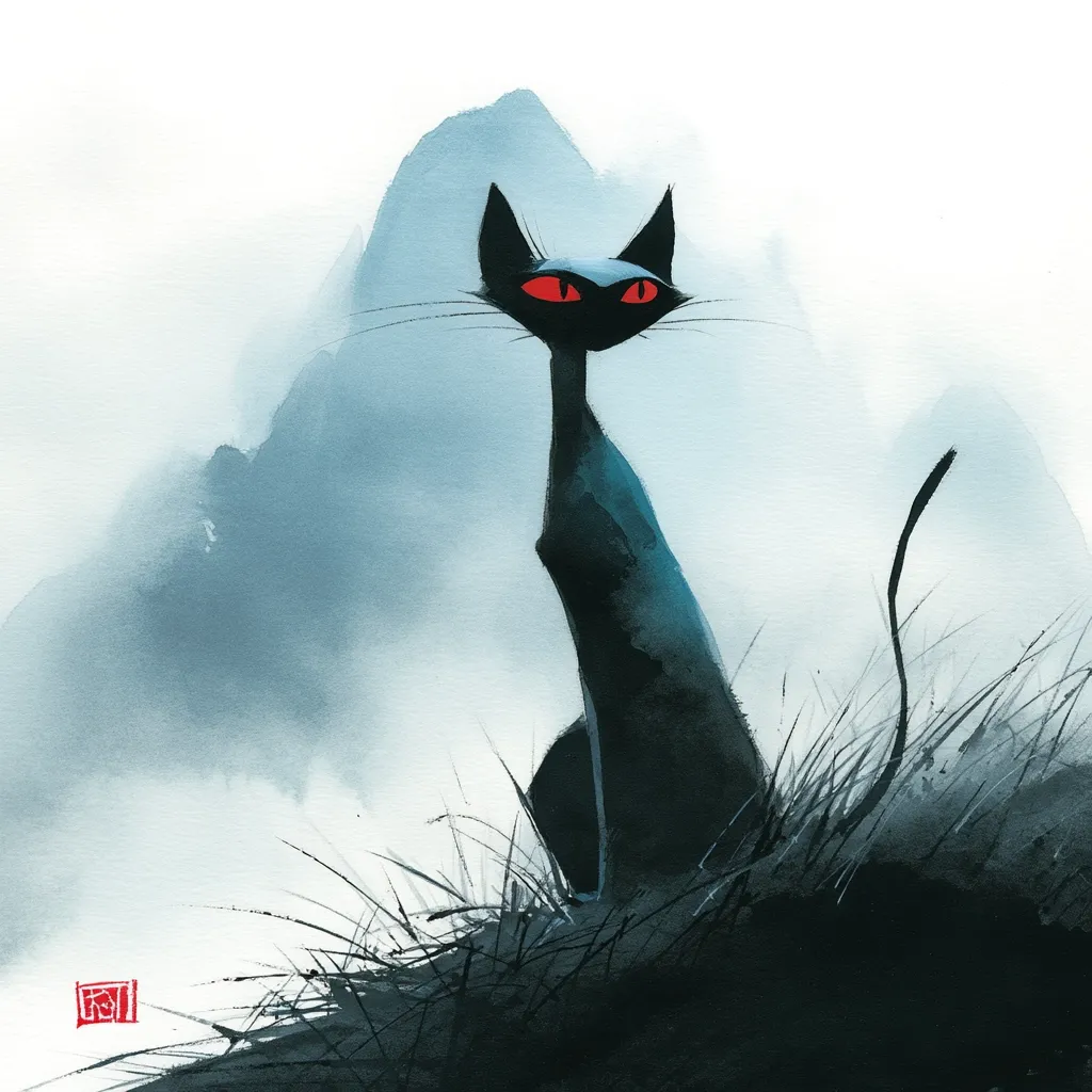 A stylized black cat with piercing red eyes sits amidst tall grass against a misty, mountain backdrop.  The artwork employs a minimalist watercolor style, with soft blues and grays contrasting sharply against the cat's dark silhouette. The overall mood is serene yet slightly mysterious.  The cat appears poised and watchful, gazing intently forward.
