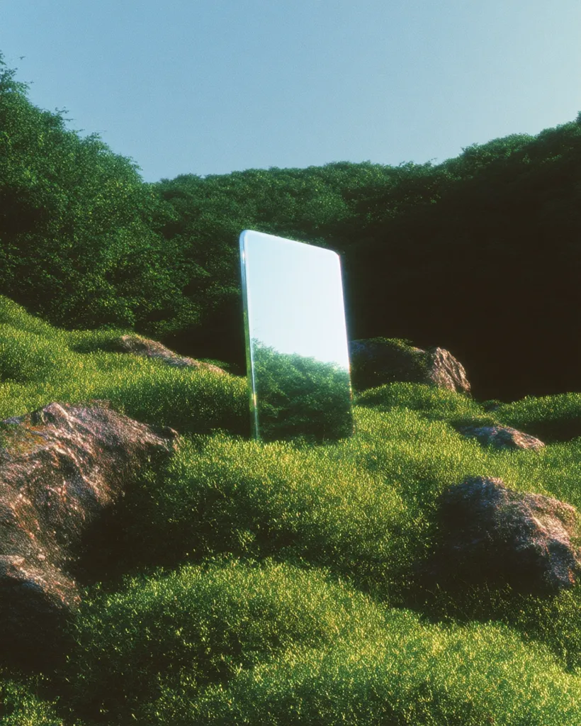 A rectangular mirror stands upright in a lush, mossy landscape.  The mirror reflects the surrounding greenery and a partially visible sky.  Rocks are scattered amidst the vibrant green moss, creating a serene and slightly surreal scene. The overall mood is calm and contemplative, emphasizing the contrast between the smooth, reflective surface and the natural, textured environment.