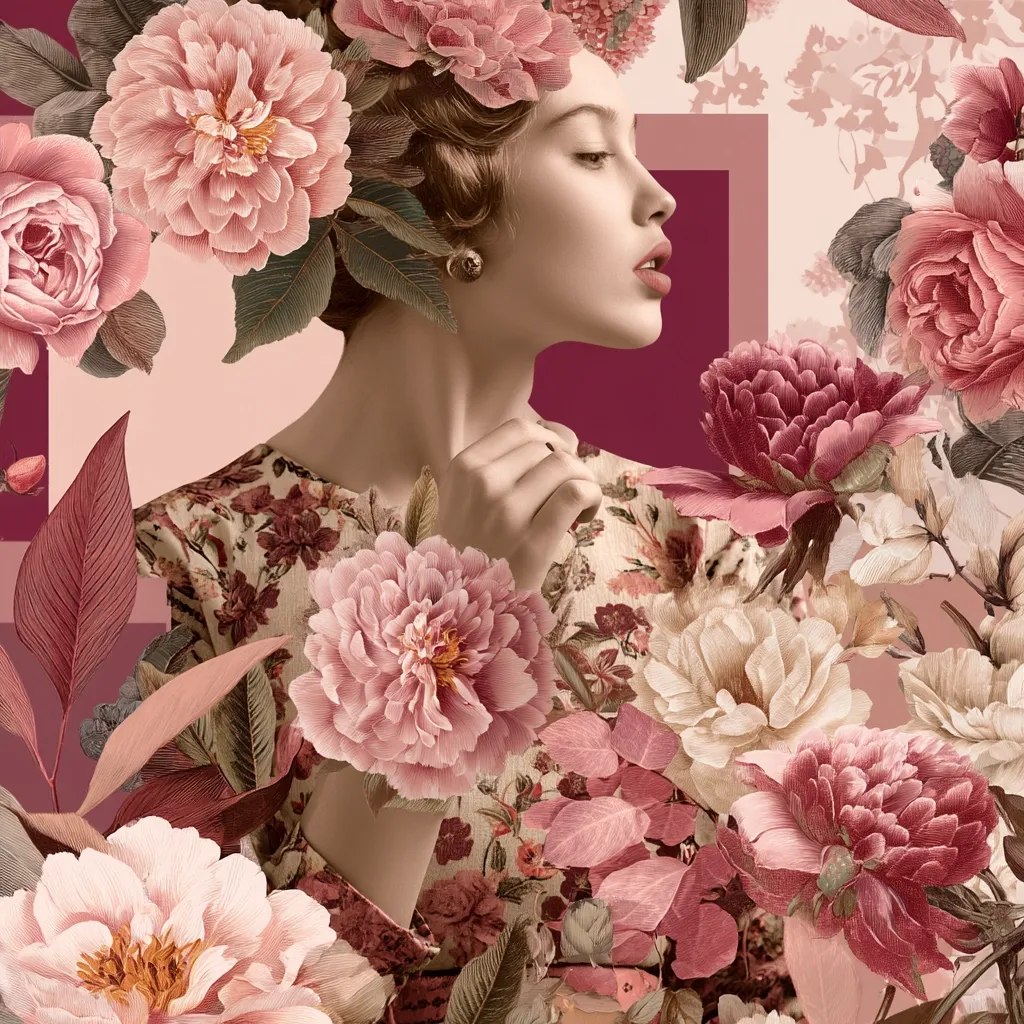 A stylized portrait of a woman with 1920s-inspired hair, adorned with lush, pink and cream-colored flowers.  She wears a floral dress that blends seamlessly with the surrounding botanical elements. The image is a collage, with a muted color palette and a vintage aesthetic, creating a dreamy and romantic atmosphere.  The woman's profile is highlighted against a burgundy background.