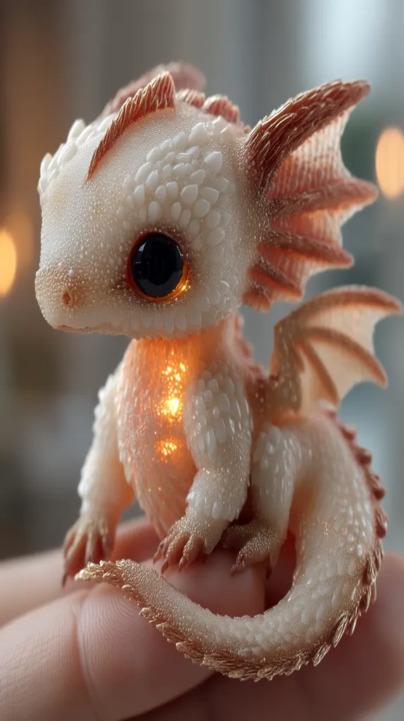 A miniature dragon figurine, crafted from a pearly white material with copper-toned accents on its wings and tail, is gently held.  Its large, expressive eyes and delicately detailed scales are striking.  A soft, warm light emanates from within its body, enhancing its enchanting and whimsical appeal.  The figurine appears intricately sculpted, showcasing impressive artistry.