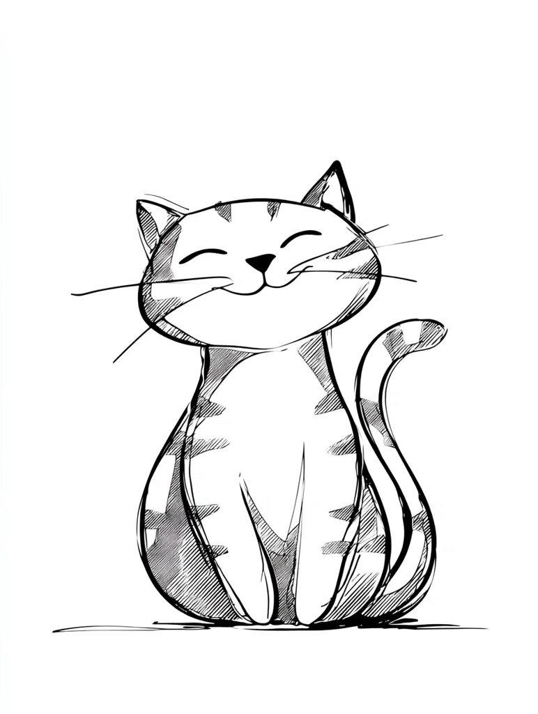 A charming sketch of a tabby cat, sitting contentedly. Its eyes are closed in a blissful expression, and a gentle smile graces its face.  The simple linework and shading create a whimsical and endearing portrayal of feline happiness. The cat's striped fur is subtly depicted, adding texture to the overall image.
