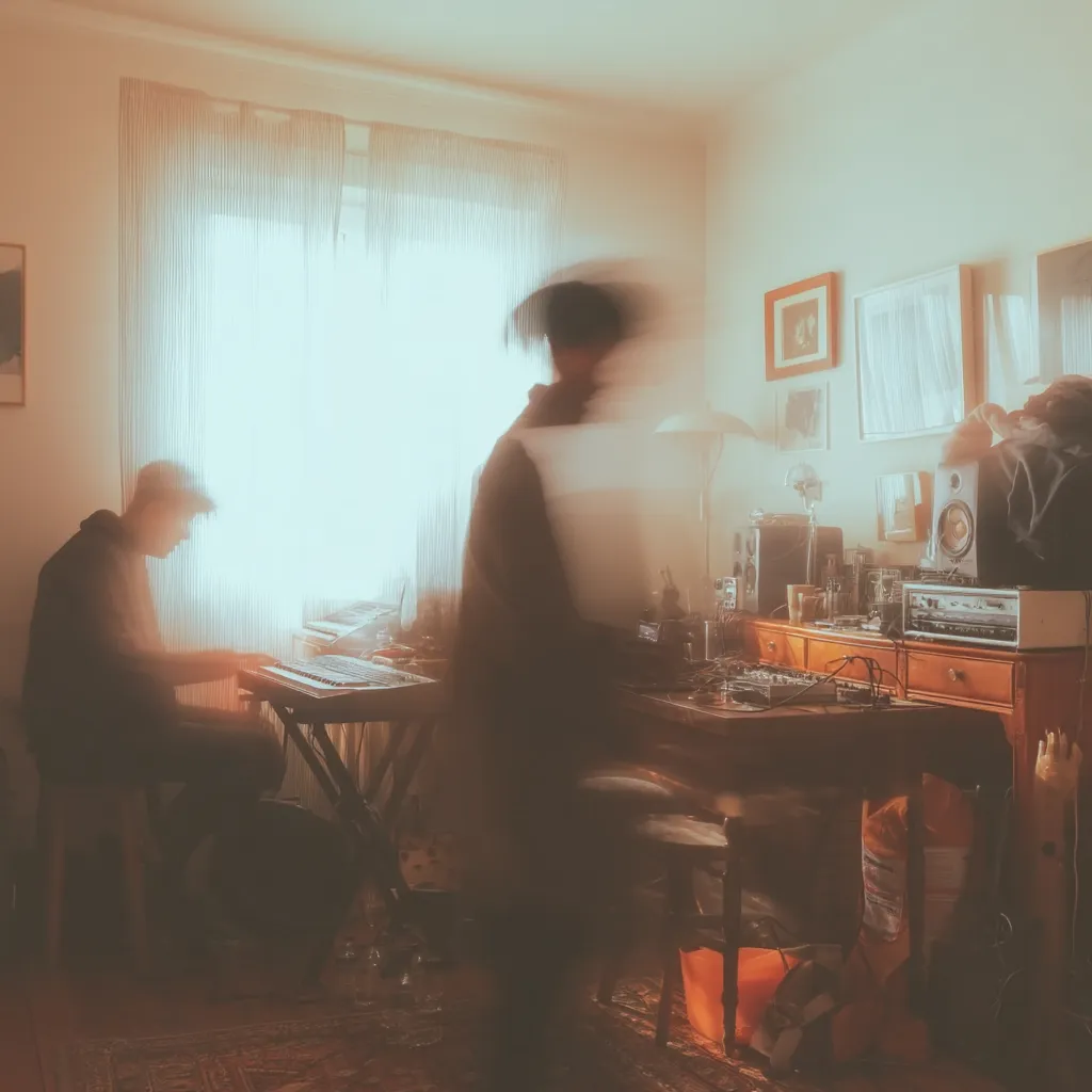 A dimly lit room, possibly a home music studio, features two figures, one sharply in focus seated at a keyboard, the other blurred in motion.  Musical equipment, including a mixing desk, keyboards, and studio monitors, are scattered around a cluttered workspace. Natural light streams in from a window draped with sheer curtains, casting a warm glow on the scene.  The overall atmosphere is one of creative focus and artistic endeavor.