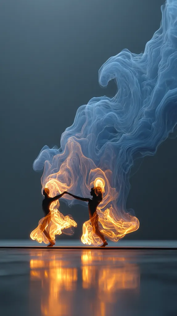 Two silhouetted figures, seemingly dancers, gracefully intertwine amidst a dramatic display of flowing, ethereal fabrics.  The fabrics morph into fiery orange and yellow flames, contrasting with cool, blue wisps that cascade around them. The scene is set against a dark, moody backdrop, creating a captivating and surreal image of movement and energy.  The reflection on the smooth floor enhances the visual spectacle.