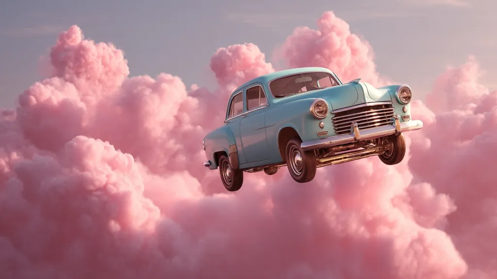 A light blue vintage car floats effortlessly amidst a dreamy expanse of soft pink clouds.  The scene is surreal and whimsical, evoking a sense of lightness and fantasy. The car appears to be suspended in mid-air, creating a captivating and visually stunning image. The pastel color palette enhances the overall dreamlike atmosphere.