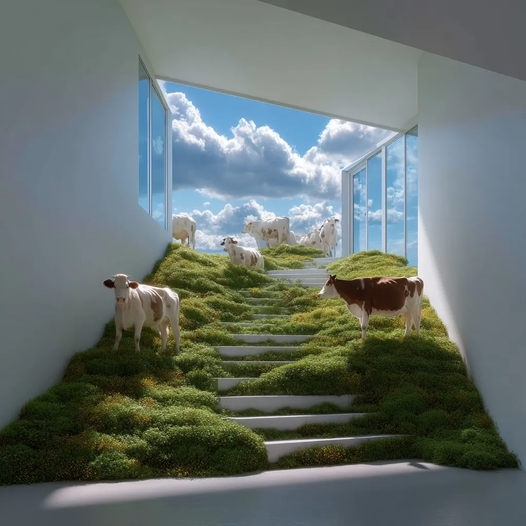 A modern, minimalist white interior features a staircase covered in lush green moss.  Several cows, predominantly white with brown patches, are peacefully situated on the mossy steps and the surrounding hill, which extends to a large window showcasing a bright blue sky with fluffy clouds.  The scene is surreal and calming, blending indoor and outdoor elements.