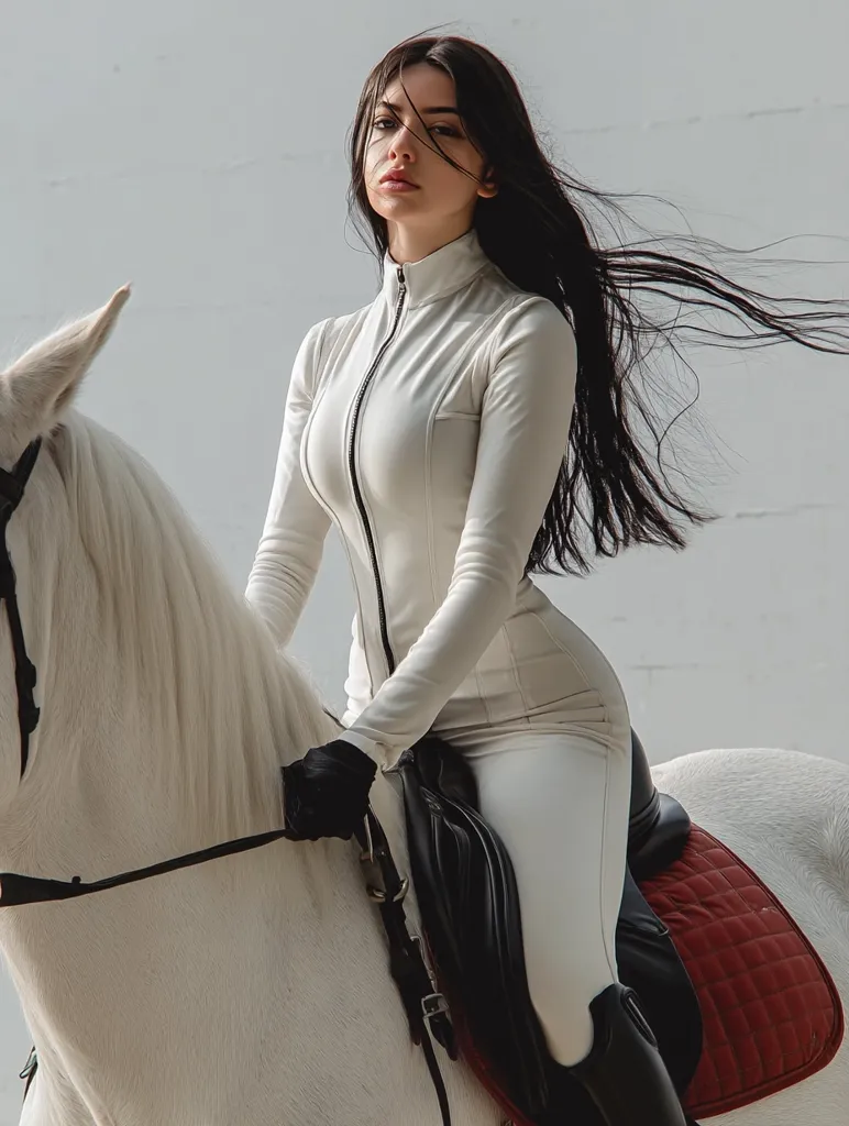 A young woman with long dark hair sits astride a white horse. She's wearing a fitted, light beige equestrian outfit and black gloves. Her hair flows behind her as she looks directly at the camera with a serious expression.  The horse's saddle is partially visible, featuring a burgundy pad. The setting appears to be a bright, indoor arena or studio.