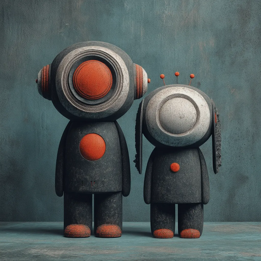 Two stylized robot figures stand against a textured teal background. The larger robot has a circular head with concentric orange and grey rings, while the smaller robot features a similar design but with a more oval head and shorter stature.  Both figures have dark grey bodies with smaller orange circles on their chests and feet, giving them a weathered, aged appearance.  The overall aesthetic is retro-futuristic and slightly melancholic.
