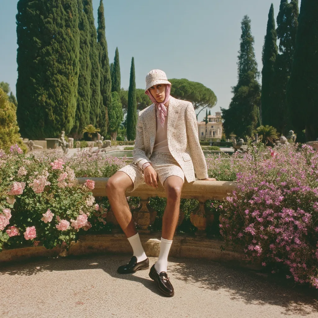 A male model, wearing a cream-colored tweed suit, white socks, and black loafers, sits on a stone balustrade in a lush Italian garden.  He sports a bucket hat and a pink neckerchief, adding a touch of casual elegance to his refined outfit.  Rows of blooming pink and purple flowers frame the scene, enhancing the picturesque setting.  A grand villa is visible in the background.