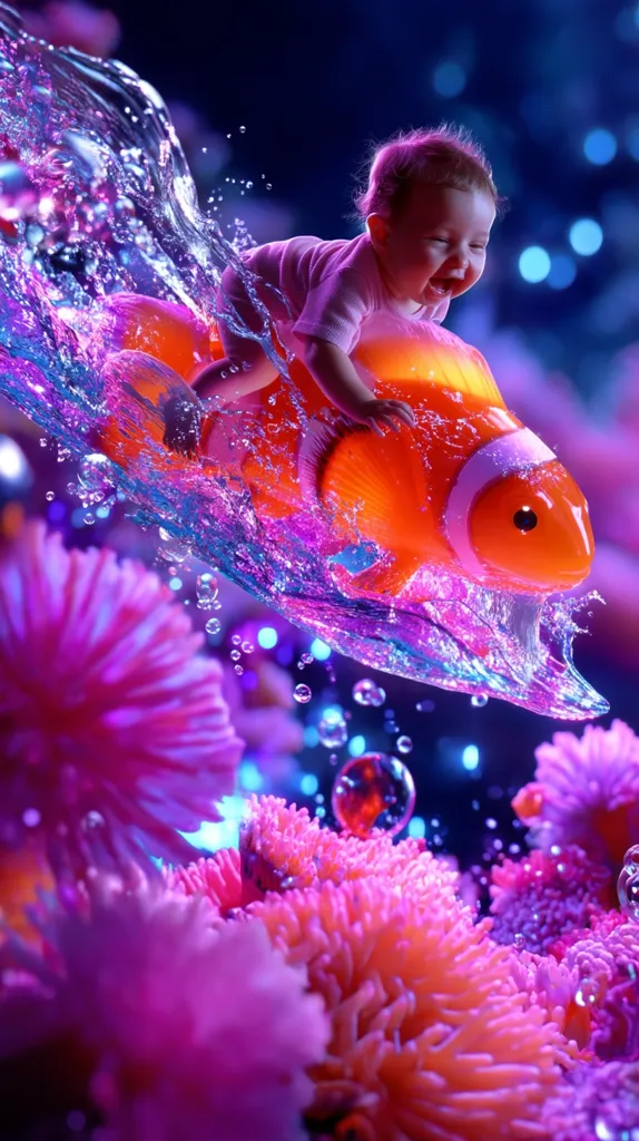 A cheerful baby rides a vibrant orange clownfish through a wave of sparkling, purple-hued water.  Surrounding them are luminous pink and purple coral formations, creating a magical underwater scene.  The image is digitally enhanced, with a whimsical and fantastical quality.  Bubbles float in the water, adding to the dreamlike atmosphere.