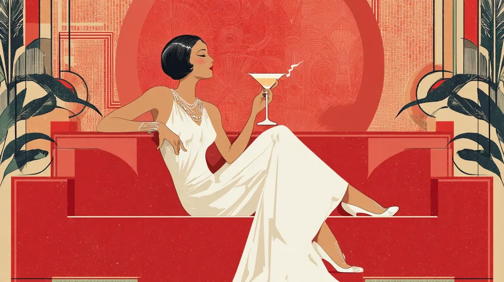 A stylish woman in a flapper-style white gown sits gracefully on a red Art Deco sofa.  She holds a martini glass, exuding elegance and sophistication. The background features geometric shapes and patterns in warm red tones, complemented by dark green Art Deco-inspired foliage. The overall aesthetic is one of vintage glamour and refined luxury.