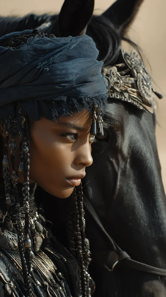 A young woman with dark skin and intricate braided hair adorned with silver jewelry stands beside a black horse.  She wears a dark blue headscarf and elaborate silver necklaces. The horse's bridle is ornately decorated. The scene is set against a sandy, desert background, creating a powerful and evocative image.  The overall aesthetic is one of strength and mystery.