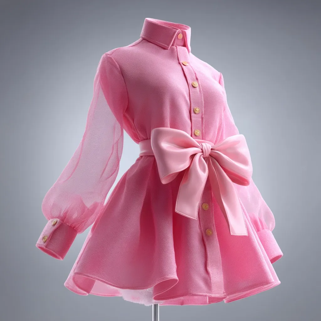 A pink dress on a mannequin is showcased.  The dress features sheer long sleeves, a collared shirt bodice, and a full, flared skirt. A large, satin bow cinches the waist. The buttons are a pale yellow gold. The overall style is feminine and playful.