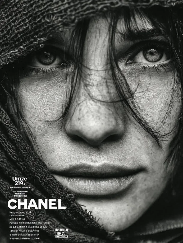 A black and white close-up shot features a woman's face partially obscured by a dark, textured fabric. Her intense gaze is directed at the viewer, her dark hair framing her face.  The image is moody and dramatic, emphasizing the model's expressive eyes and lips. The word "CHANEL" is prominently displayed, suggesting a fashion or beauty context.  The text includes what appears to be Cyrillic script, along with additional details.