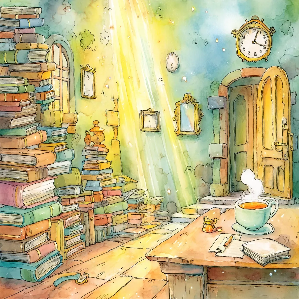 A sunlit room overflows with stacks of books, creating a warm and inviting atmosphere.  A wooden table holds a steaming cup of tea, a letter, and a notebook, suggesting a quiet moment of reflection.  The walls are adorned with clocks and mirrors, adding to the whimsical charm of this book-filled space.  A doorway leads to what seems like another room, further enhancing the mysterious allure of the scene. The overall style is reminiscent of children's book illustration, with soft watercolor washes and detailed linework.