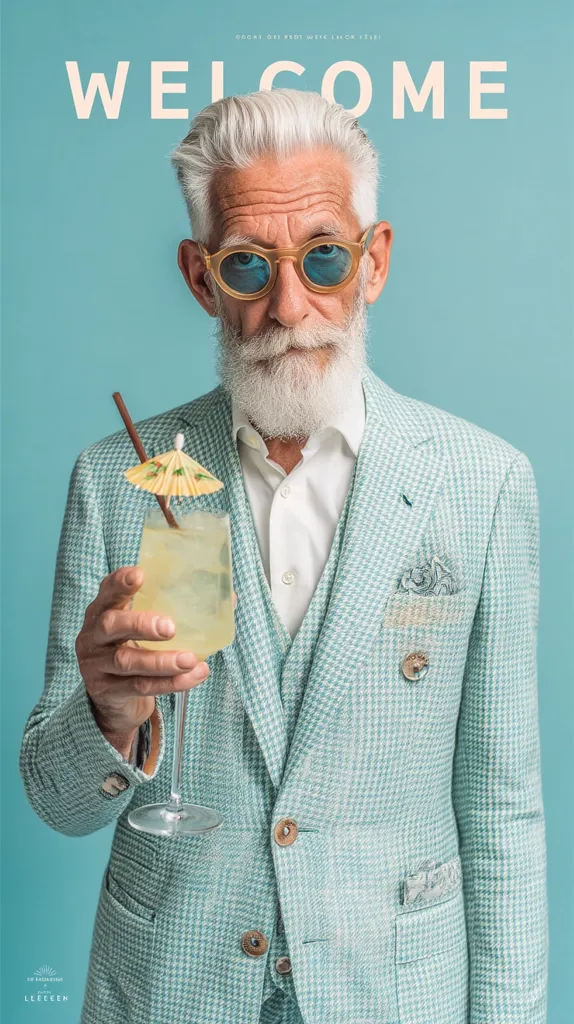 A stylish older gentleman with salt and pepper hair and a full beard sports light teal houndstooth suit and round sunglasses.  He holds a cocktail garnished with a tiny umbrella. The background is a pale aqua blue.  The word "WELCOME" is prominently displayed at the top. The overall image conveys a sense of sophisticated summer style and hospitality.