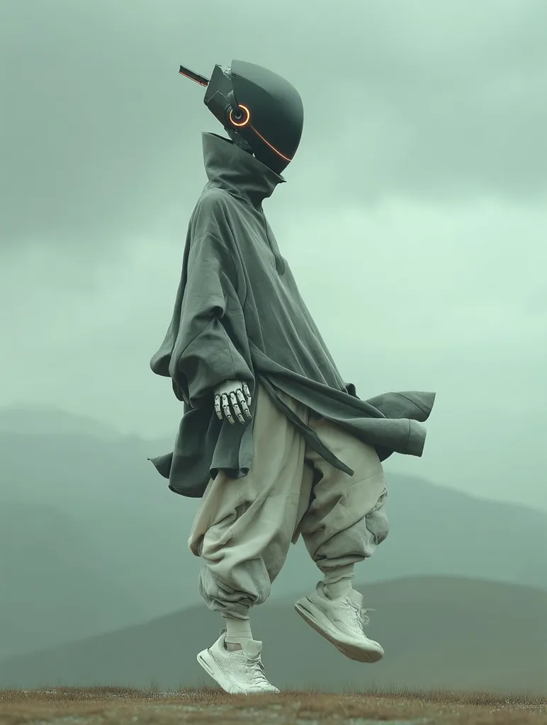 A futuristic figure, clad in flowing grey robes and white sneakers, strides across a muted landscape.  The figure's head is encased in a sleek, dark helmet with glowing orange accents, hinting at robotic or augmented features. The overall aesthetic blends elements of traditional clothing with advanced technology, creating a striking juxtaposition against the atmospheric backdrop. The scene evokes a sense of mystery and contemplation.