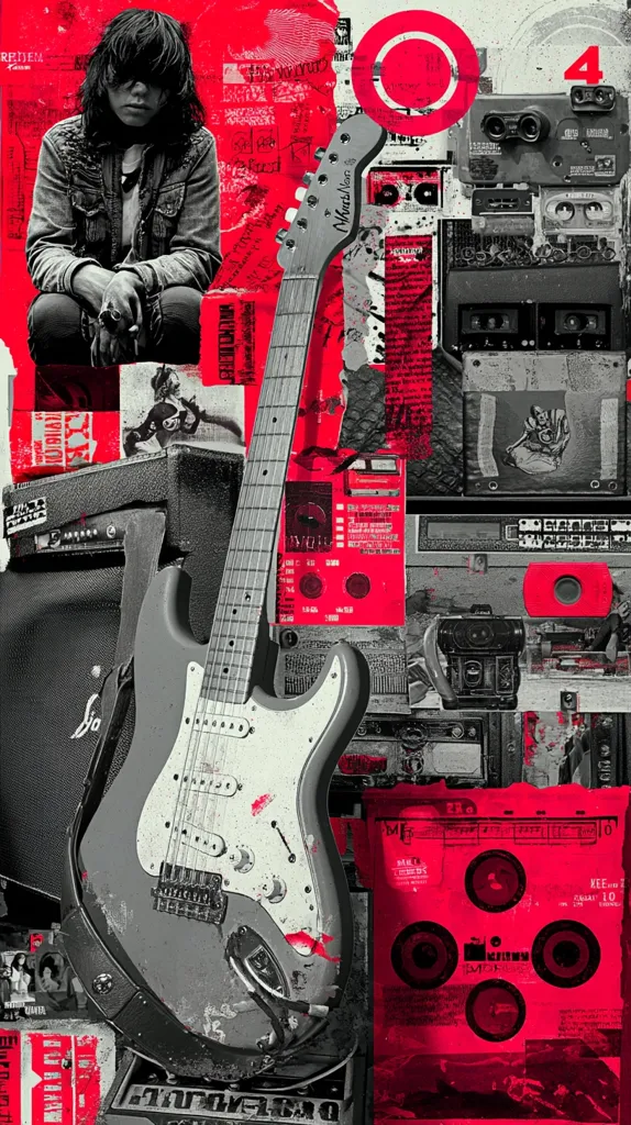 A collage featuring a grayscale electric guitar dominates the center, overlaid with vibrant red and black elements.  Surrounding the guitar are various images and textures suggesting a retro music theme: cassette tapes, vintage audio equipment, and concert posters.  A young person with long hair sits in a denim jacket, adding a human element to the otherwise abstract composition. The overall aesthetic is gritty and energetic.