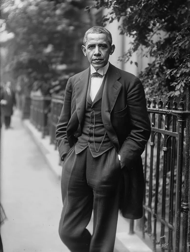 A black and white portrait of a formally dressed Black man. He is standing outdoors, his hands in his pockets, next to an iron fence. His attire includes a dark suit, waistcoat, and bow tie, suggesting a professional or refined setting.  The background is blurred, focusing attention on the subject.  The photograph's style suggests it may be from the early to mid-20th century.