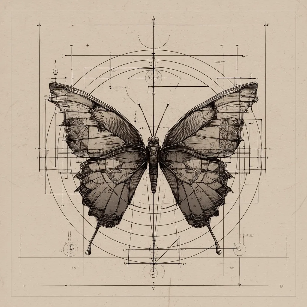 A detailed, sepia-toned illustration depicts a butterfly superimposed on intricate geometric blueprints.  The butterfly's wings are rendered with meticulous shading and linework, suggesting a mechanical or engineered structure. The surrounding geometric patterns of circles, lines, and squares create a sense of precision and design, suggesting a blueprint for the butterfly itself. The overall style blends organic and geometric forms, creating a visually striking and thought-provoking image.