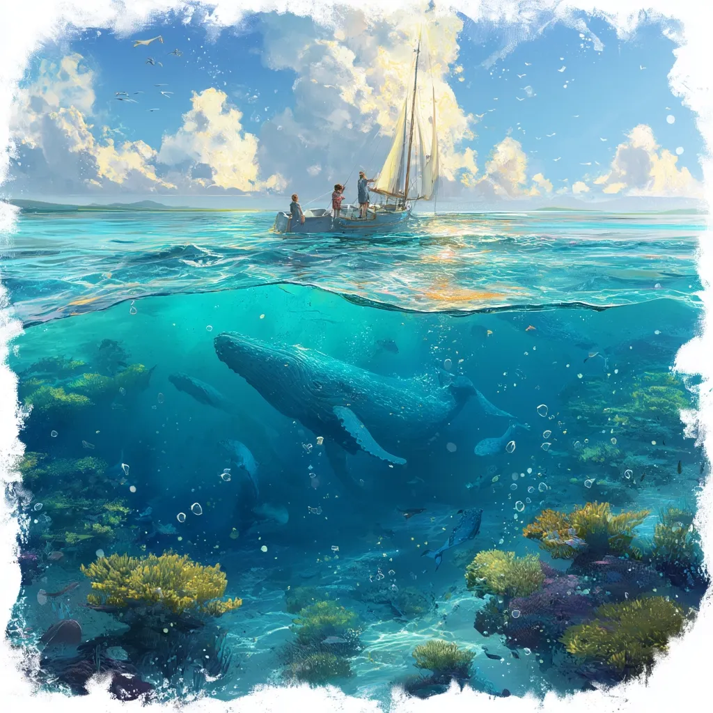 A sailboat with three people aboard glides across a calm ocean under a bright sky.  Below the surface, a vibrant underwater world unfolds.  A family of humpback whales swims gracefully amidst a thriving coral reef teeming with colorful fish and marine life. The scene is a picturesque blend of serene surface and bustling underwater beauty.