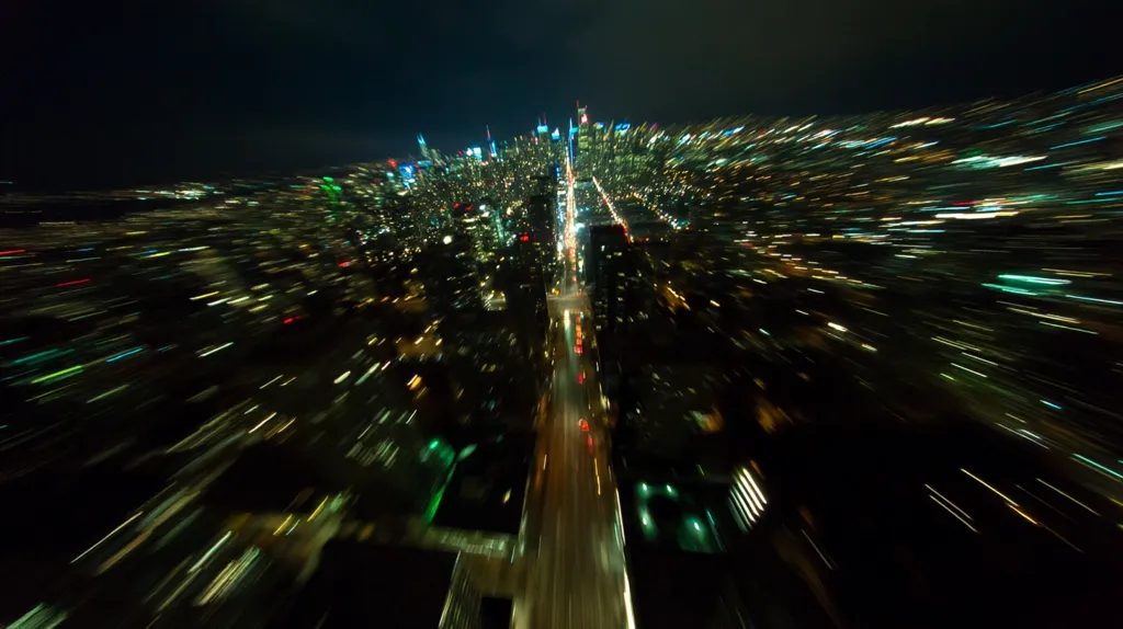 A nighttime aerial shot of a city, possibly taken from a moving vehicle, showcases a vibrant display of light trails.  The central avenue is clearly visible, with streaks of light radiating outwards, creating a dynamic, almost starburst effect. The city's skyline is partially visible in the center, surrounded by a sea of blurred lights, suggesting rapid movement. The overall impression is one of speed and urban energy.