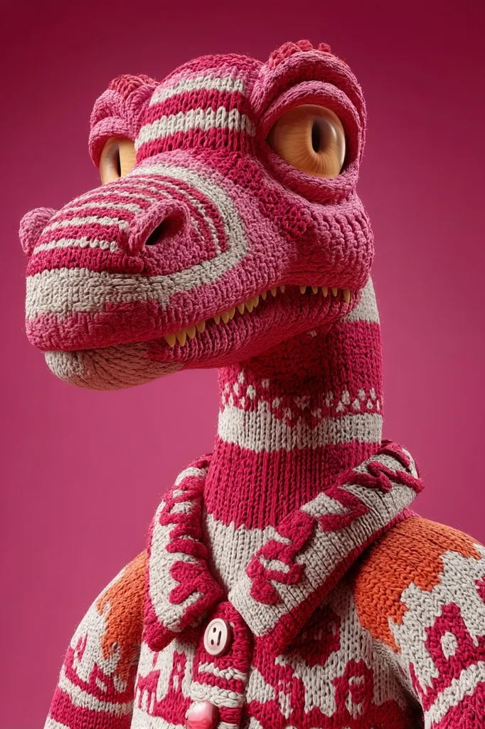 A charming 3D rendering depicts a knitted dinosaur, predominantly pink and cream. The dinosaur sports a cozy, patterned sweater with a high collar.  Its expression is friendly and its texture is detailed, giving the impression of a soft, hand-knitted creation. The pink background complements the dinosaur's warm colors.