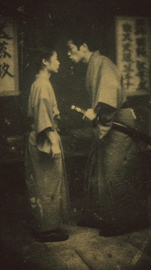 A sepia-toned photograph depicts two figures in traditional Japanese attire. A man, holding a katana, stands facing a woman.  Their faces are close, suggesting a moment of intense conversation or confrontation. The background is dark and features partially visible Japanese calligraphy on hanging scrolls. The image has a grainy, aged quality.