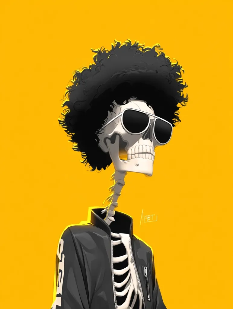 A stylized illustration showcases a skull with a large afro hairstyle, donning sunglasses and a black bomber jacket.  The skull's ribcage is visible beneath the jacket, adding a surreal and fashionable element.  The vibrant yellow background provides a striking contrast to the dark clothing and the skull's stark features.  The overall aesthetic is a blend of pop art and macabre.