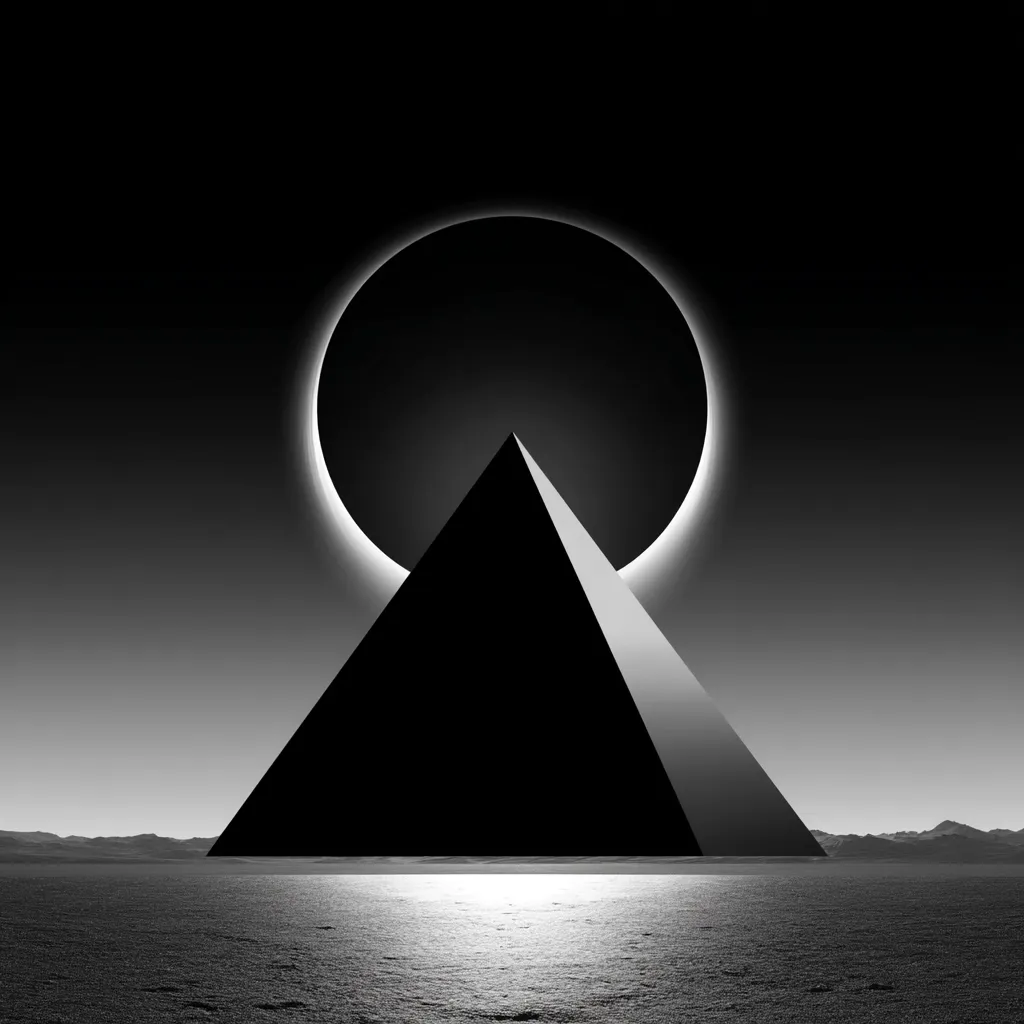A black and white image depicts a stark, minimalist landscape. A large, black pyramid stands in the foreground, reflecting subtly on a flat, seemingly water-like surface.  Behind it, a dark circle, reminiscent of a solar eclipse, dominates the sky, adding a sense of mystery and cosmic scale to the otherwise simple scene.  The overall mood is one of enigmatic serenity.
