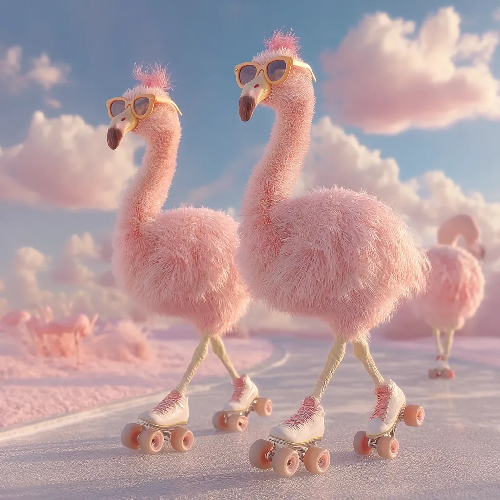 Two fluffy pink flamingos, wearing sunglasses and roller skates, glide across a pastel pink landscape under a cloudy sky.  Other flamingos are visible in the distance, creating a whimsical, surreal scene. The overall aesthetic is dreamy and lighthearted.