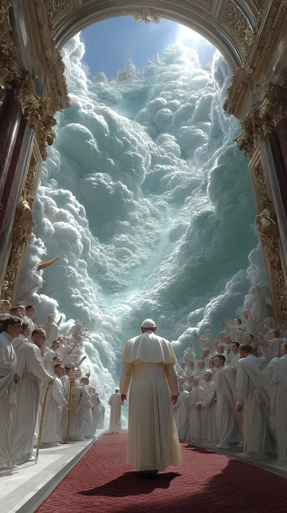 A digital artwork depicts the Pope walking down a red carpet towards a massive, ethereal cloud formation that fills an ornate archway.  The clouds part to reveal a city in the distance. Figures in white robes stand on either side, creating a procession. The scene evokes a sense of religious ascension and divine wonder.  The architectural details are rich and gold-toned, contrasting with the cool tones of the clouds.
