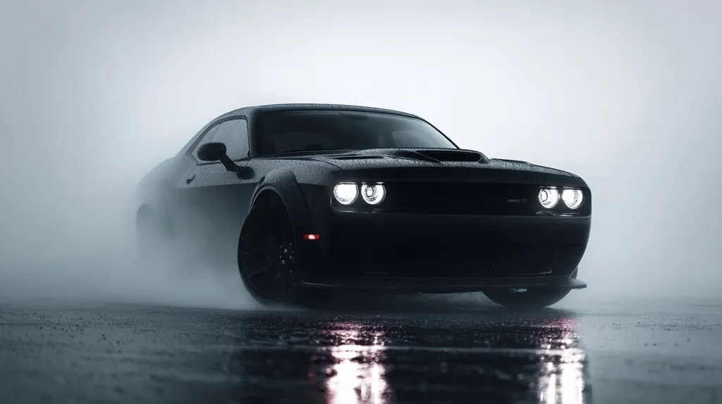 A sleek, black Dodge Challenger Hellcat roars through a misty environment.  Water droplets cling to its dark body, reflecting the car's headlights.  The powerful muscle car leaves a trail of vapor in its wake, creating a dramatic and moody atmosphere.  The image emphasizes the car's aggressive design and raw power.