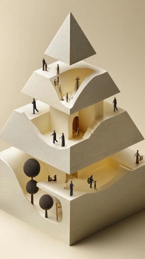 A beige, multi-layered architectural model resembles a pyramid, featuring miniature human figures navigating its interior and exterior spaces.  Small trees and other details populate the scene, creating a sense of a bustling yet serene community within the abstract structure.  The overall aesthetic is minimalist and calming, suggesting a narrative of interconnectedness and daily life.