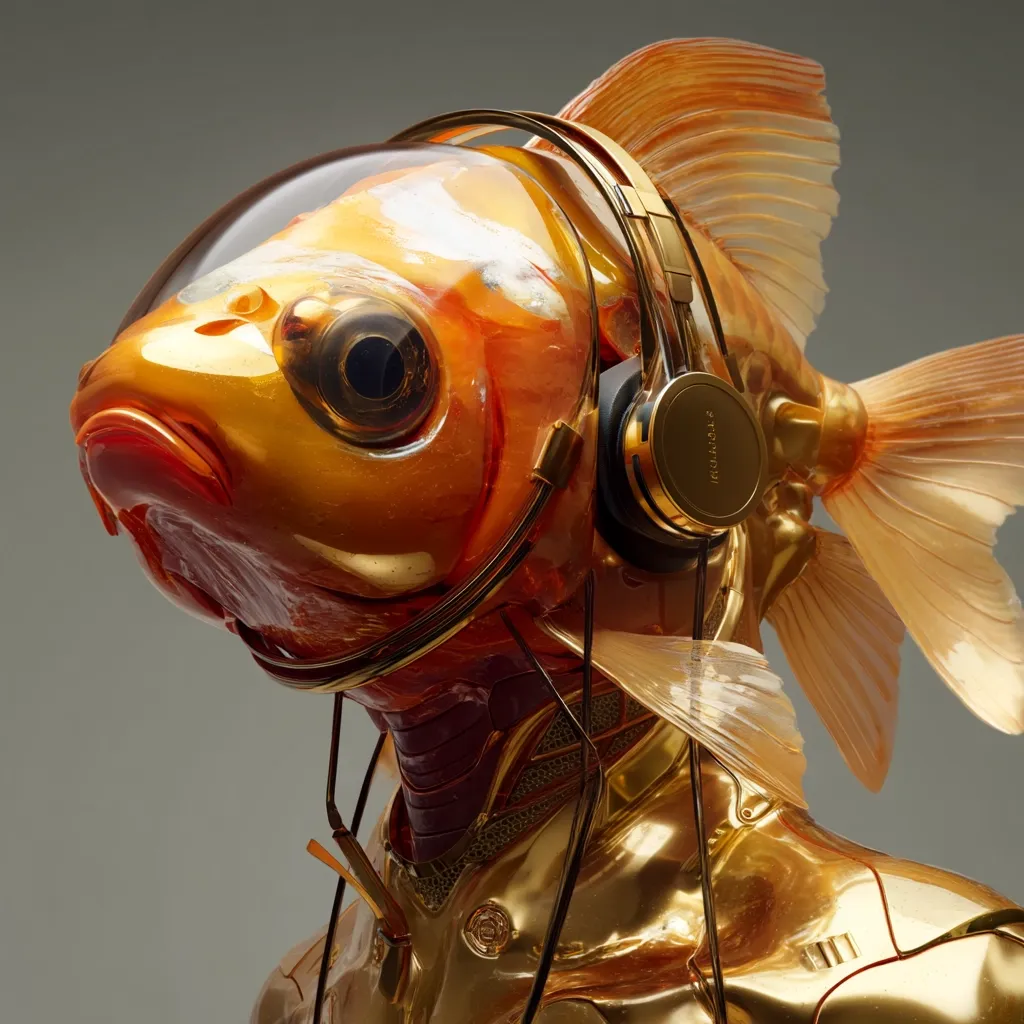 A digital rendering showcases a goldfish's head seamlessly integrated into a golden robotic body.  The fish, with its lifelike details, wears a sleek, gold headset, adding a futuristic element.  The metallic body is intricately detailed, contrasting with the organic texture of the fish, creating a surreal and captivating image. The overall aesthetic blends futuristic technology with nature in a striking and unusual way.