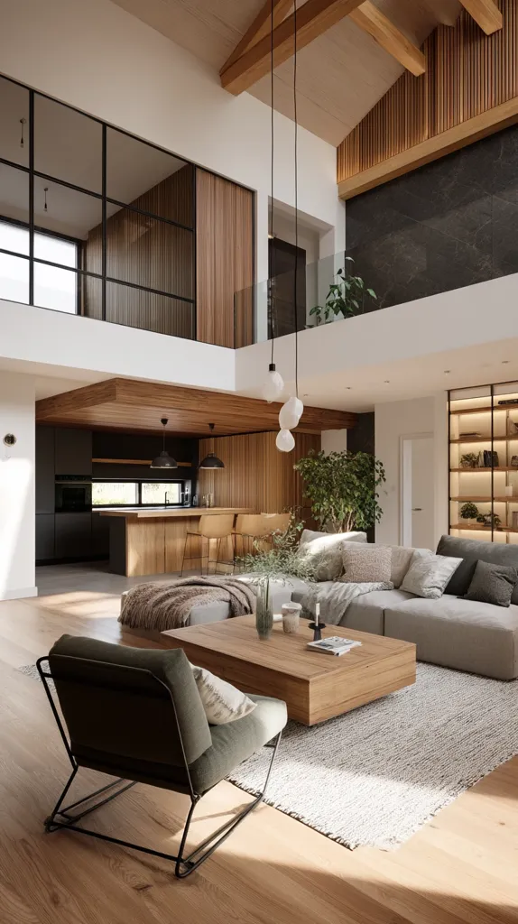 A modern, open-plan living space features a double-height ceiling with exposed wooden beams.  Natural light floods the area, illuminating a minimalist kitchen and a comfortable living area with a light-colored sofa and a large wooden coffee table.  A sleek, dark green armchair sits near the seating area, adding a touch of contrast.  The design incorporates natural materials and a neutral color palette.  A glass-railed upper floor is visible, suggesting an upstairs area.