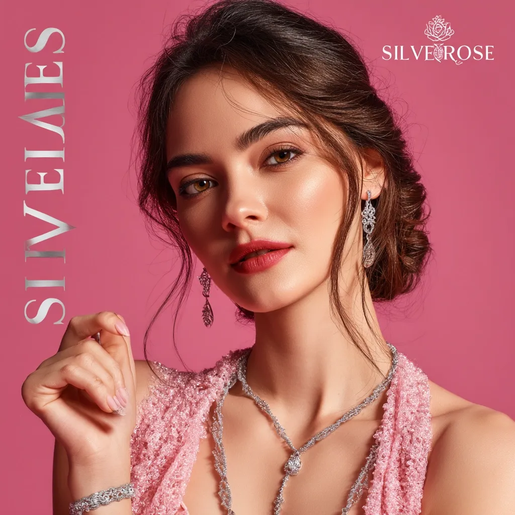 A woman with dark brown hair styled in an updo wears a delicate pink lace dress and silver jewelry.  The jewelry includes dangling earrings, a necklace with a pendant, and a bracelet.  The background is a solid, vibrant pink.  The Silver Rose logo is subtly placed in the upper right corner.  The image is elegant and showcases the brand's jewelry.