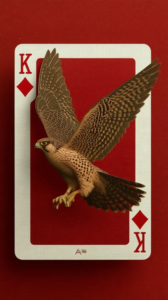 A meticulously detailed illustration depicts the King of Diamonds playing card.  Instead of a traditional royal figure, a peregrine falcon takes center stage. The falcon, rendered with realistic feather textures and coloration, is presented in mid-flight, its wings spread wide against a rich red background. The card's design is elegant, combining the classic elements of a playing card with the striking image of the bird of prey.
