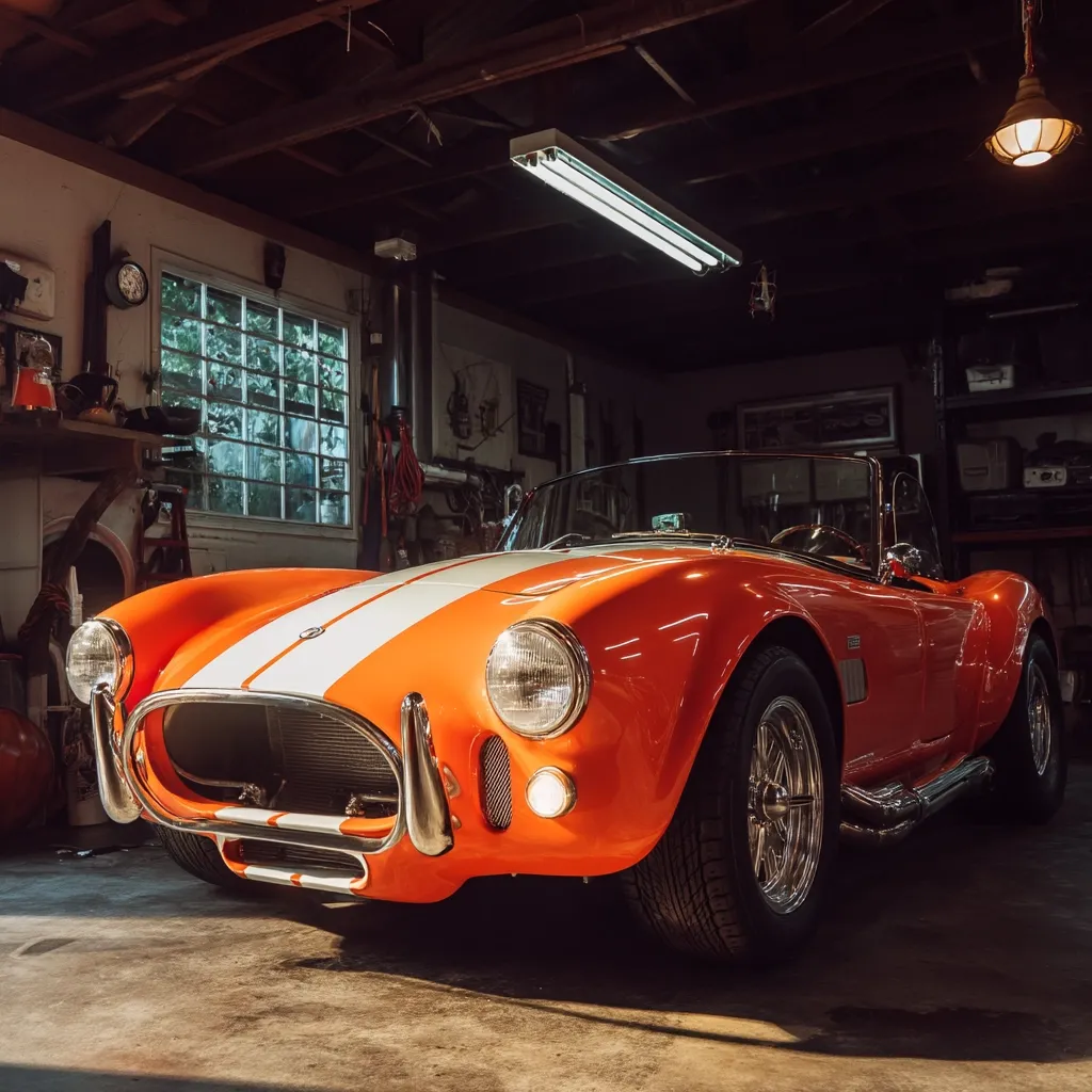 A vibrant orange Shelby Cobra 427 rests in a dimly lit garage, bathed in sunlight.  The classic sports car features a white racing stripe and polished chrome details.  The garage background showcases various tools and equipment, suggesting a space dedicated to car restoration or enthusiasts. The overall mood is one of nostalgia and appreciation for automotive history.