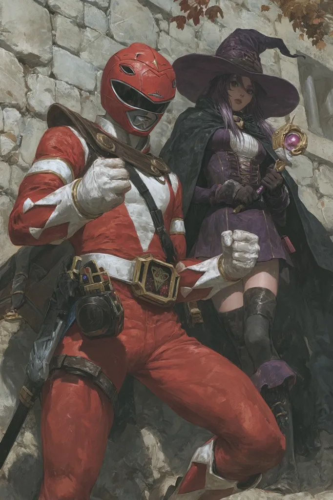 A striking illustration showcases the Red Ranger, a figure from the Power Rangers franchise, standing beside a witch-like woman.  The Ranger, in his iconic red suit and helmet, is posed defensively, fists clenched. The woman, clad in dark purple attire and a pointed hat, holds a glowing staff.  Both figures are set against a backdrop of a weathered stone wall, creating a contrast between fantasy and action.