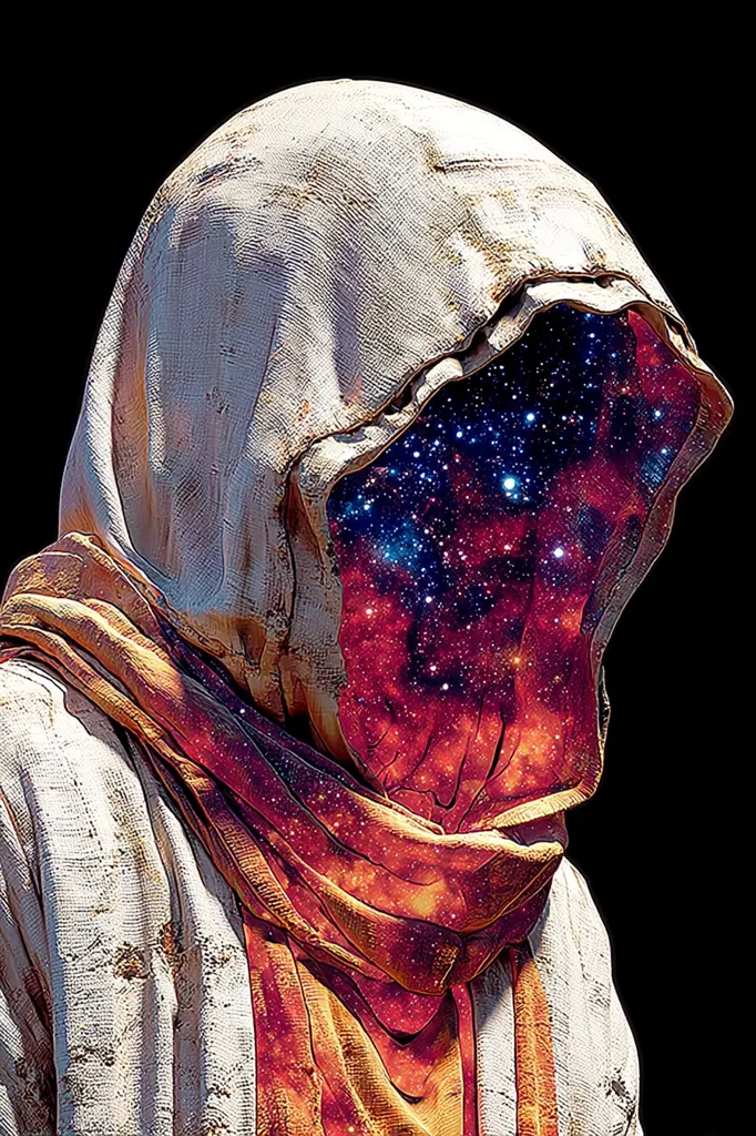 A hooded figure, cloaked in weathered, off-white fabric, stands against a black backdrop.  The hood's interior reveals a vibrant nebula, a cosmic landscape of swirling reds, blues, and scattered stars, creating a striking contrast between the earthly garment and the celestial scene within. The figure's attire includes a long, flowing orange scarf, adding to the mystical and enigmatic aura.