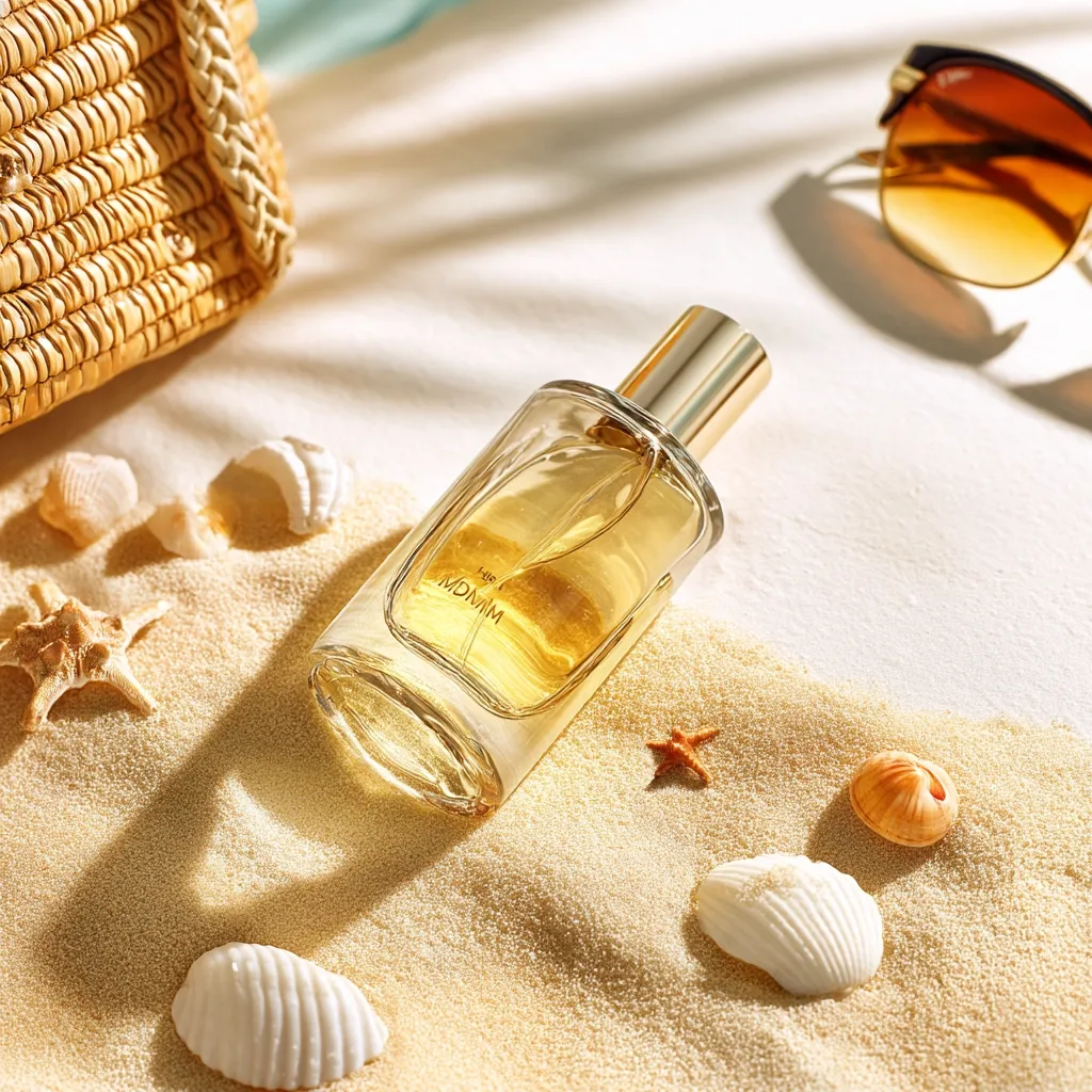 A bottle of MDMVM perfume sits on a bed of sand, surrounded by seashells and starfish.  A straw bag and sunglasses rest nearby, suggesting a beach setting. The golden hue of the perfume complements the warm tones of the sand and accessories, creating a summery and luxurious feel. Sunlight casts shadows, enhancing the scene's idyllic atmosphere.