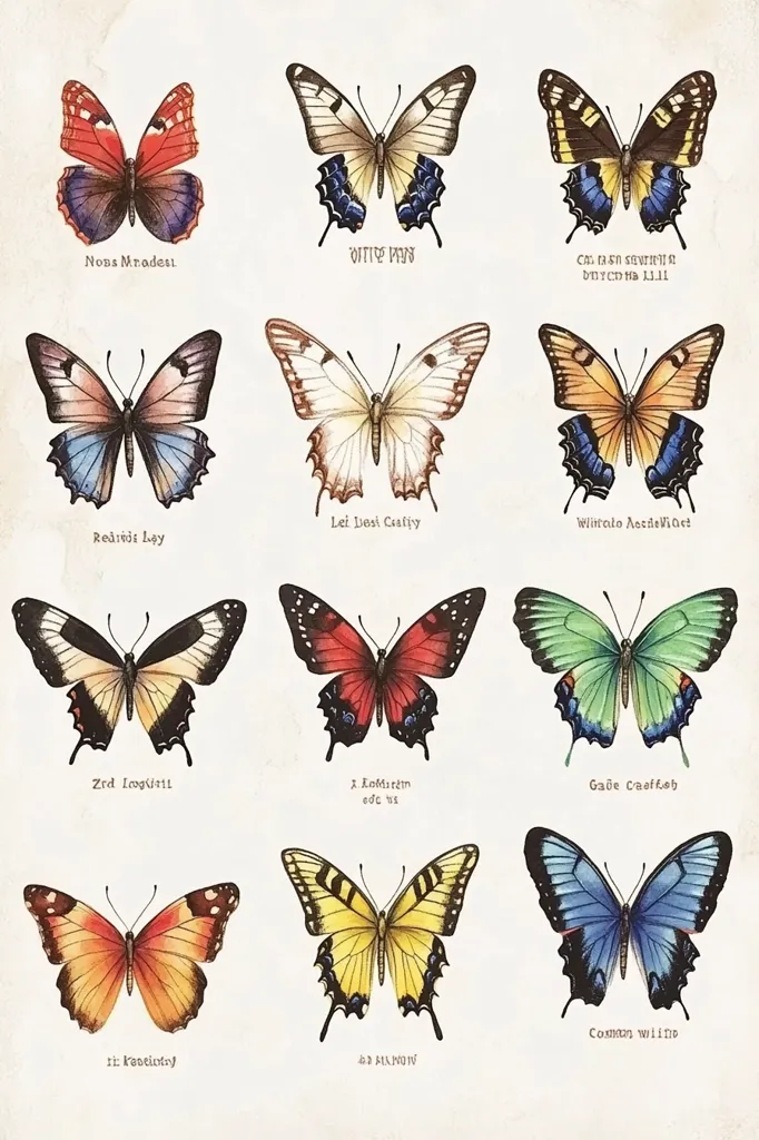 This vintage illustration showcases twelve distinct butterfly species, each meticulously rendered with vibrant colors and intricate details.  Each butterfly is labeled with a seemingly stylized or possibly archaic name. The artwork is arranged in a grid pattern against an off-white background, creating a visually appealing and informative chart.  The style evokes a botanical or entomological print, possibly from a historical text.