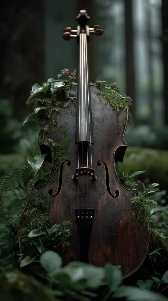 A weathered cello, partially covered in moss and foliage, rests amidst lush green vegetation in a dark forest setting.  The instrument's dark wood is textured and shows signs of age.  The scene evokes a sense of quiet solitude and the passage of time, suggesting a forgotten or abandoned instrument reclaimed by nature.