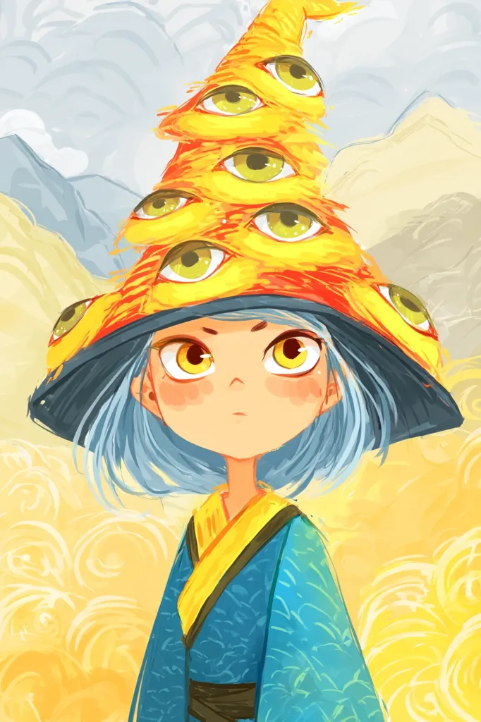 A whimsical illustration depicts a young girl with short, light blue hair wearing a vibrant, conical hat adorned with numerous yellow eyes.  Her expression is serious, and she's dressed in a teal kimono with yellow accents, standing against a backdrop of swirling yellow and muted gray mountains. The overall style is playful and slightly surreal.