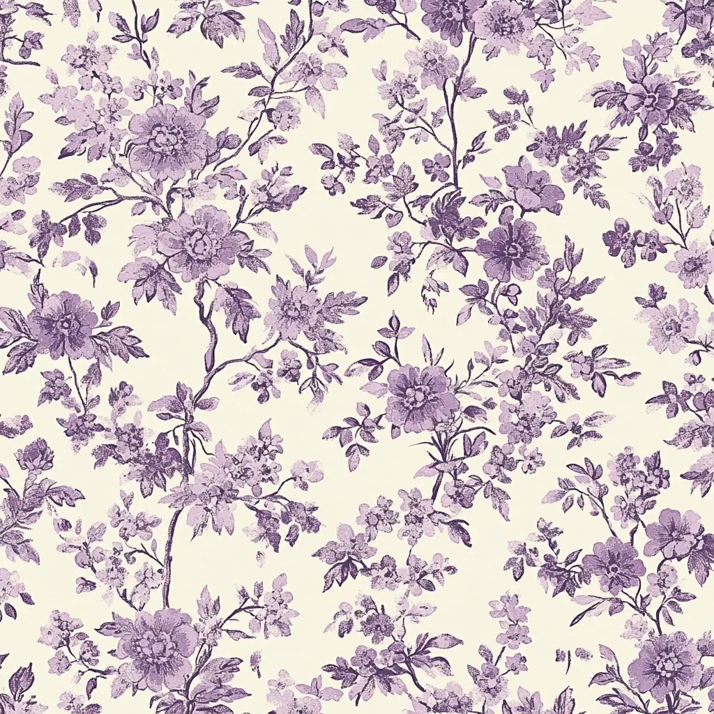 A delicate floral pattern in shades of muted purple on a creamy white background.  The design features stylized floral branches with varying sized blooms, creating a dense yet elegant repeat.  The slightly textured appearance suggests a vintage or antique-inspired aesthetic, suitable for textiles, wallpaper, or other decorative applications.  The overall effect is romantic and subtly sophisticated.